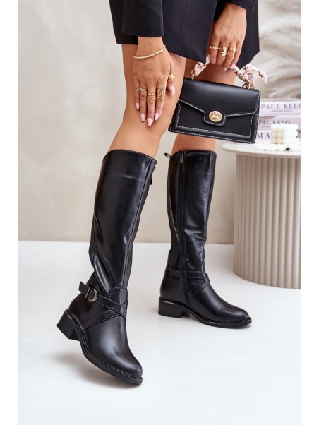 Warm Knee High Boots With Buckle And Zipper Black Seavella