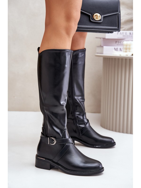 Warm Knee High Boots With Buckle And Zipper Black Seavella