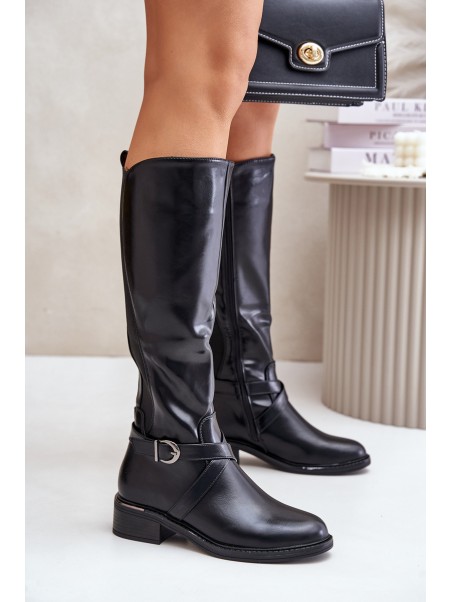 Warm Knee High Boots With Buckle And Zipper Black Seavella