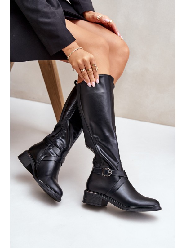 Warm Knee High Boots With Buckle And Zipper Black Seavella