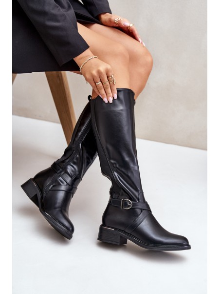 Warm Knee High Boots With Buckle And Zipper Black Seavella