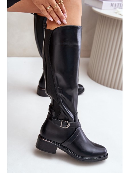 Warm Knee High Boots With Buckle And Zipper Black Seavella