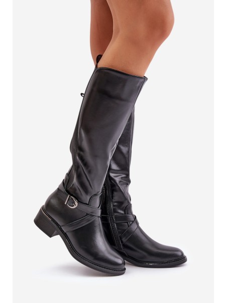 Warm Knee High Boots With Buckle And Zipper Black Seavella