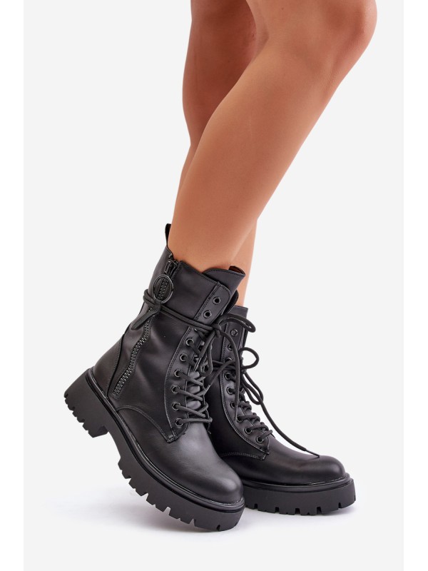 Warm women worker boots made of eco leather black Nealandra