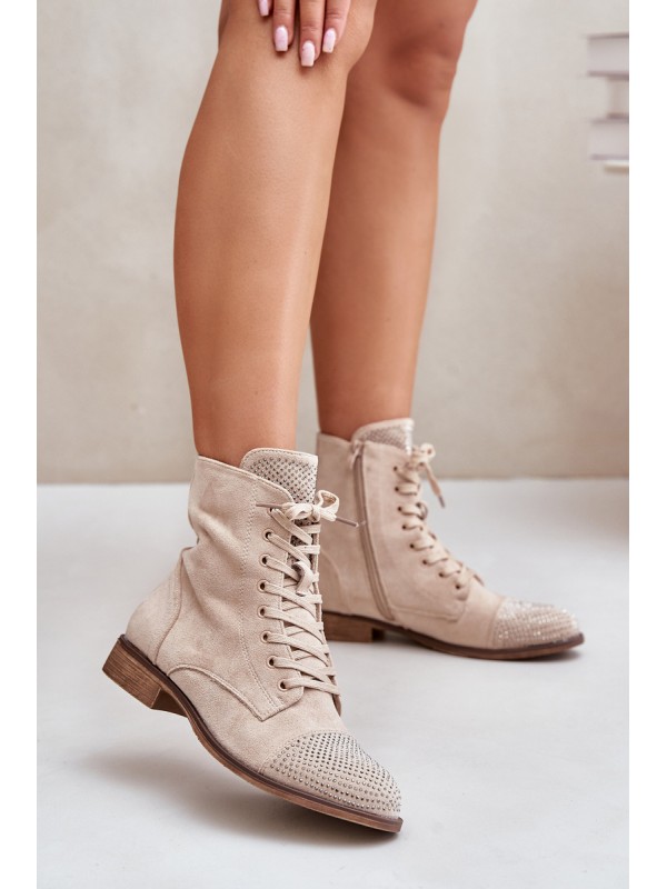 Decorated Flat Heel Boots Eco Suede Insulated Light Beige Ellieo 2