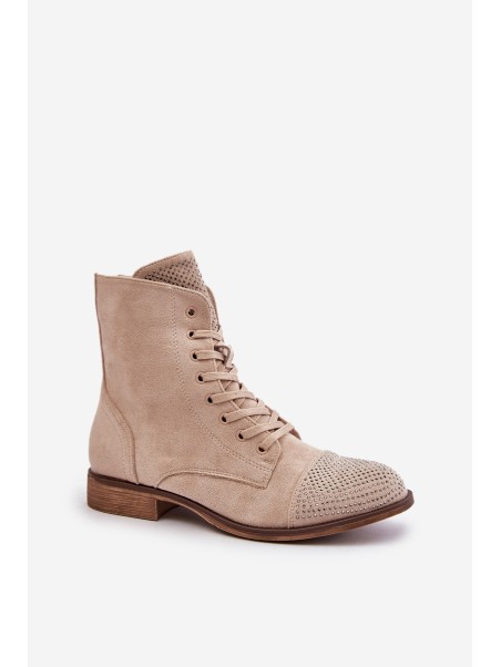 Decorated Flat Heel Boots Eco Suede Insulated Light Beige Ellieo