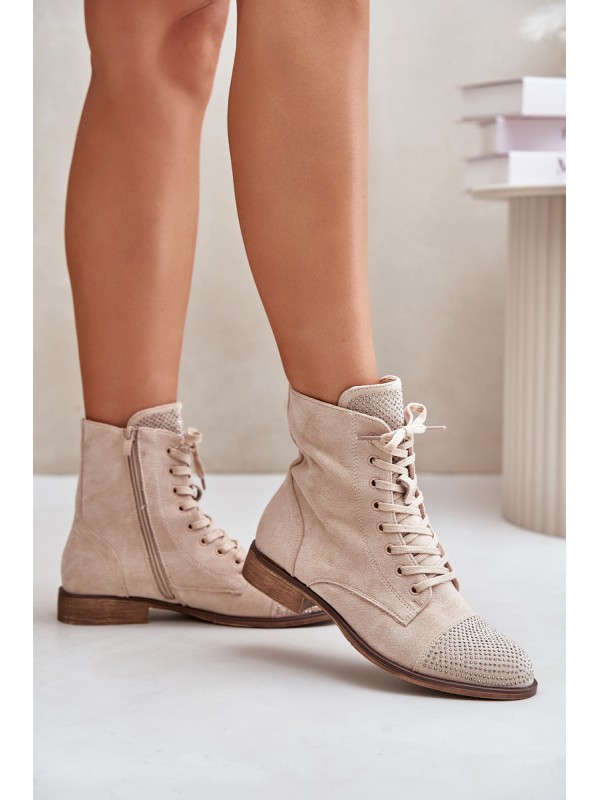 Decorated Flat Heel Boots Eco Suede Insulated Light Beige Ellieo