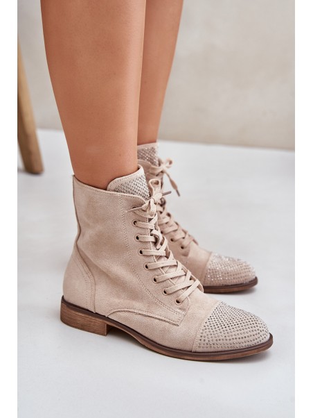 Decorated Flat Heel Boots Eco Suede Insulated Light Beige Ellieo