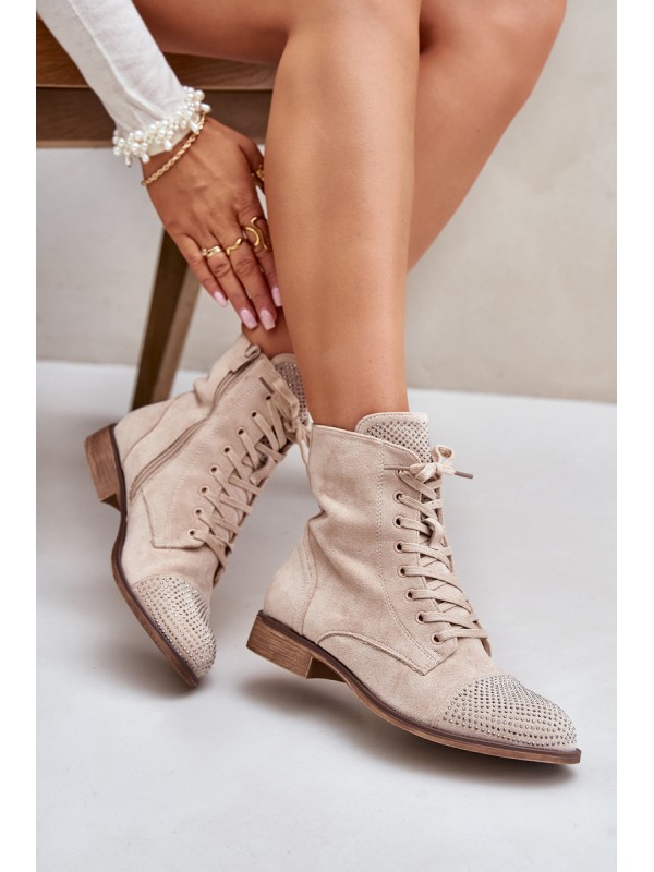 Decorated Flat Heel Boots Eco Suede Insulated Light Beige Ellieo