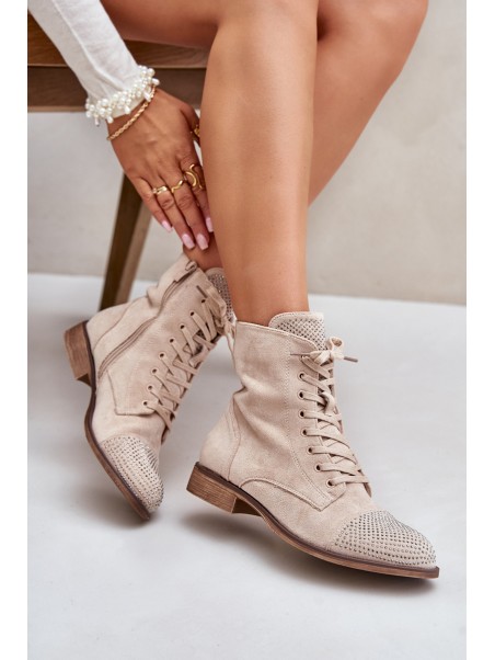 Decorated Flat Heel Boots Eco Suede Insulated Light Beige Ellieo