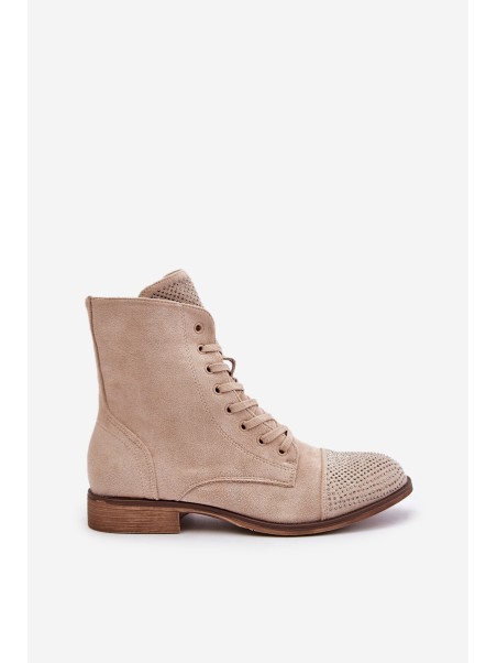 Decorated Flat Heel Boots Eco Suede Insulated Light Beige Ellieo