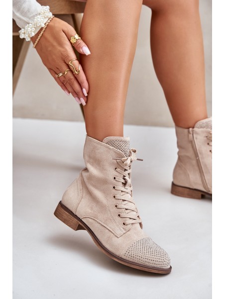 Decorated Flat Heel Boots Eco Suede Insulated Light Beige Ellieo
