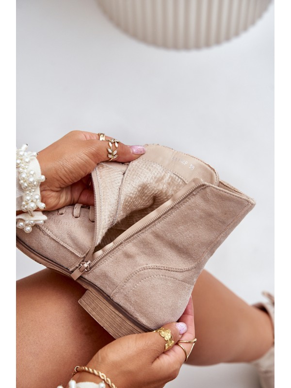 Decorated Flat Heel Boots Eco Suede Insulated Light Beige Ellieo