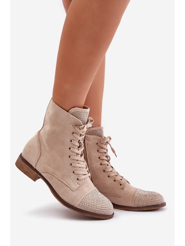 Decorated Flat Heel Boots Eco Suede Insulated Light Beige Ellieo