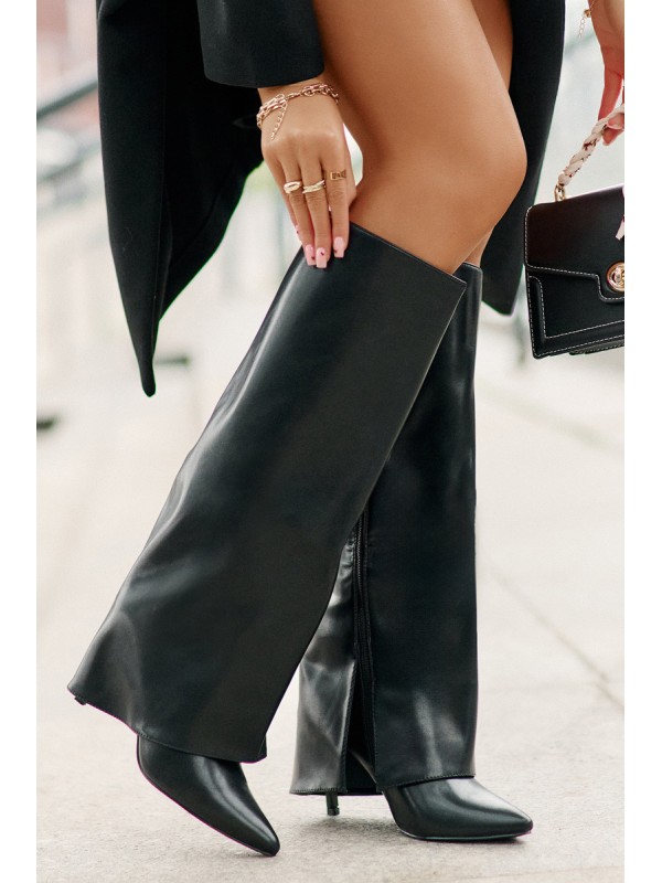 Warm Heeled Boots with Rolled Shaft Black Tamonia