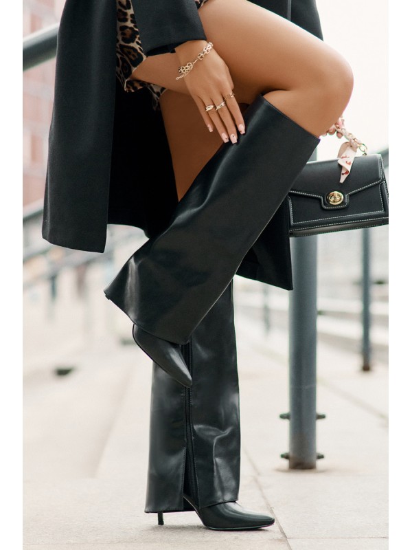 Warm Heeled Boots with Rolled Shaft Black Tamonia