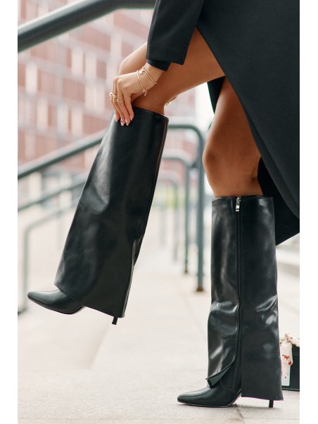Warm Heeled Boots with Rolled Shaft Black Tamonia