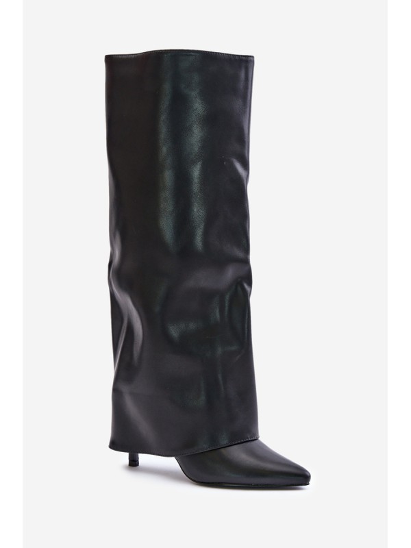 Warm Heeled Boots with Rolled Shaft Black Tamonia