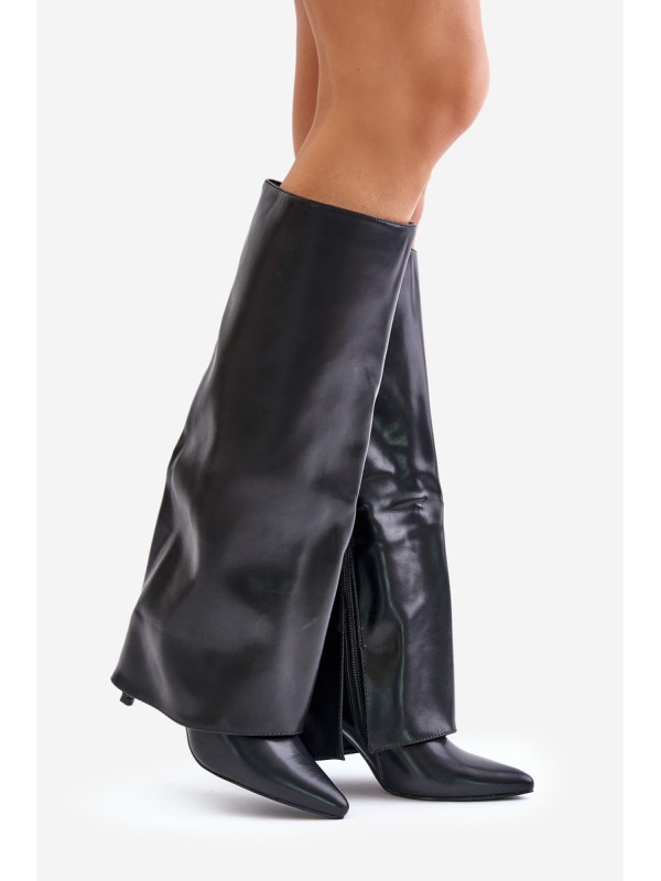 Warm Heeled Boots with Rolled Shaft Black Tamonia
