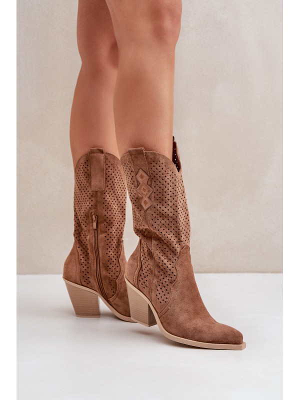 Perforated Cowboy Ankle Boots On Heel Brown Salive