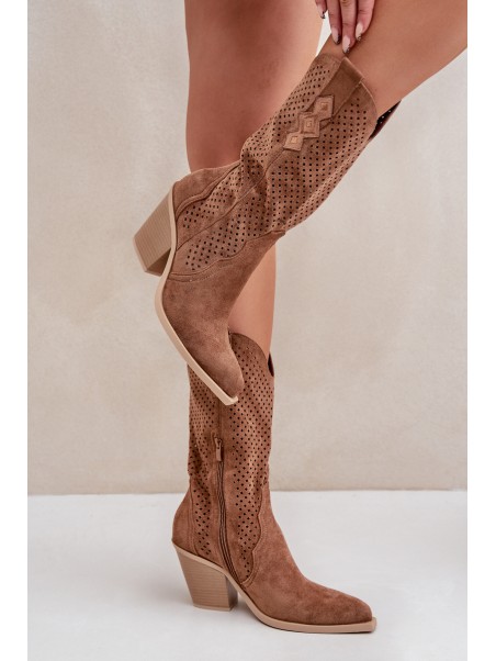 Perforated Cowboy Ankle Boots On Heel Brown Salive