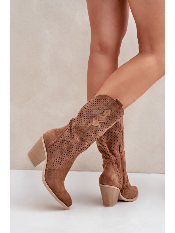 Perforated Cowboy Ankle Boots On Heel Brown Salive