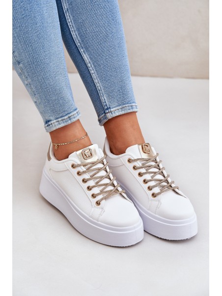 Platform Sneakers With Decorative Laces White-Gold Fonetha