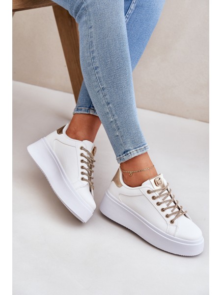 Platform Sneakers With Decorative Laces White-Gold Fonetha