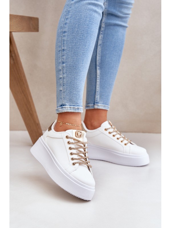 Platform Sneakers With Decorative Laces White-Gold Fonetha