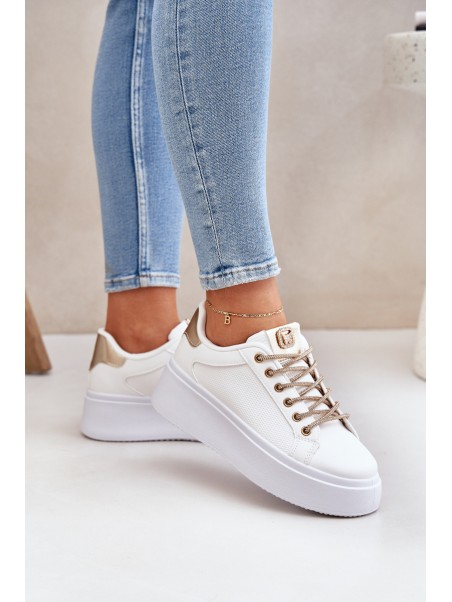 Platform Sneakers With Decorative Laces White-Gold Fonetha