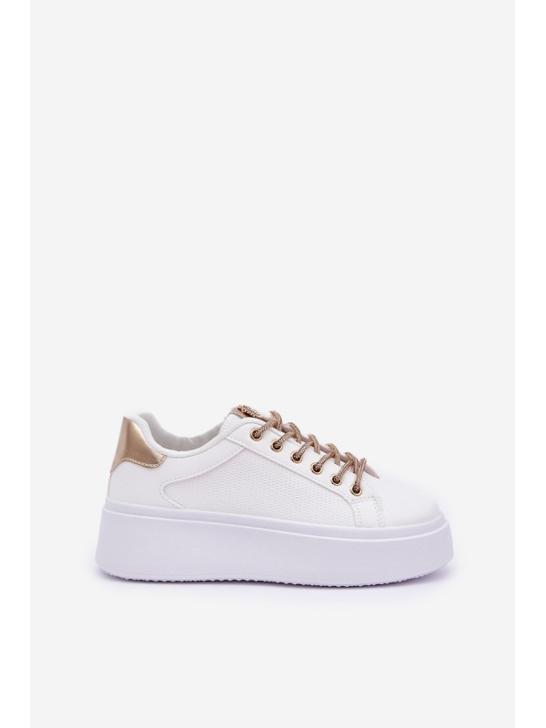 Platform Sneakers With Decorative Laces White-Gold Fonetha