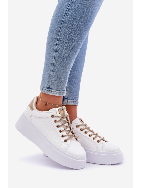 Platform Sneakers With Decorative Laces White-Gold Fonetha