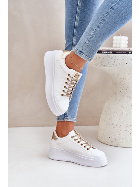 Platform Sneakers With Decorative Laces White-Gold Fonetha