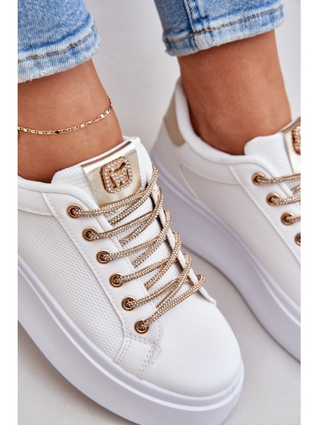 Platform Sneakers With Decorative Laces White-Gold Fonetha