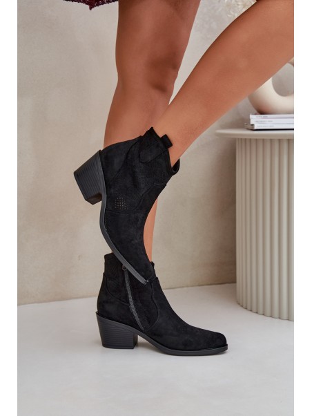 Perforated Cowboy Boots With Zipper Eco Suede S.Barski HY51-061 Black