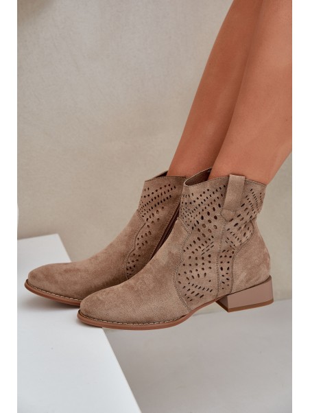 Women s perforated ankle boots on low heel beige Neliawen