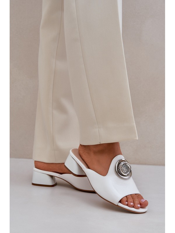 Elegant Women's Slippers On Low Heel With Decoration White Feledis