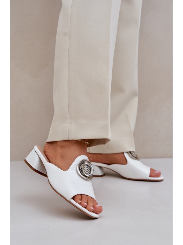 Elegant Women's Slippers On Low Heel With Decoration White Feledis