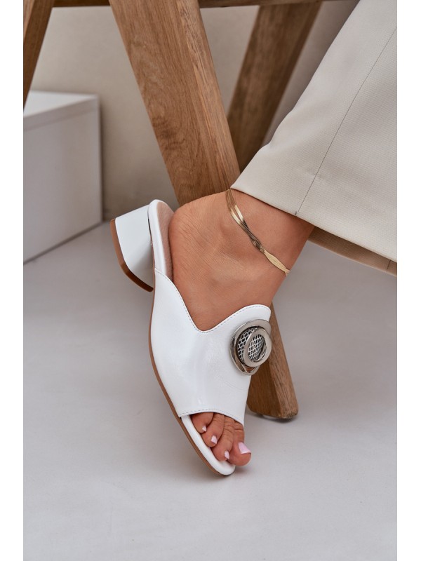 Elegant Women's Slippers On Low Heel With Decoration White Feledis