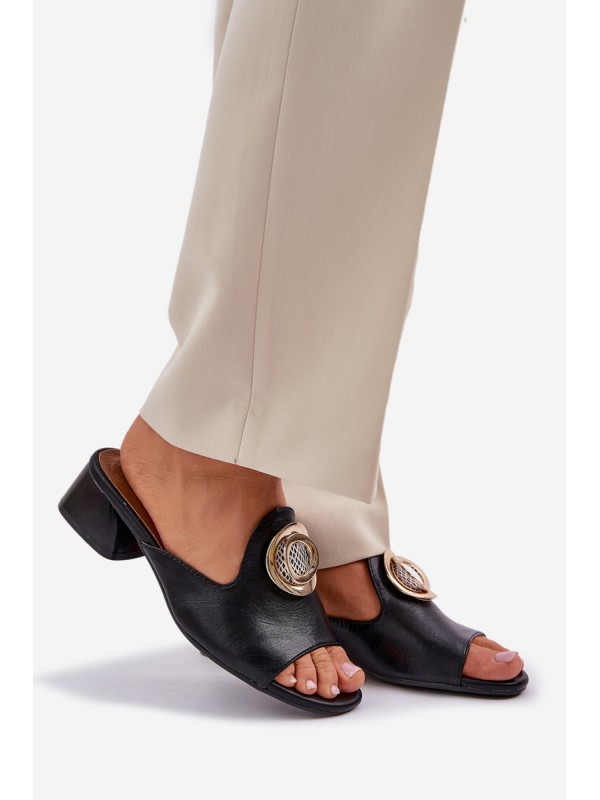 Elegant Women's Slippers On A Low Heel With Decoration Black Feledis