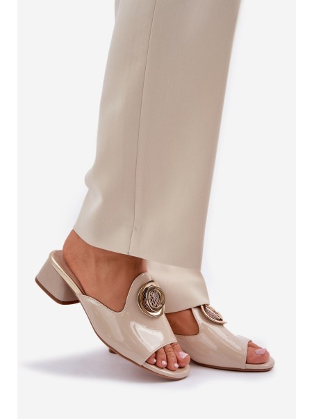 Elegant Ladies Slippers On Low Heel With Decoration Beige Feledis