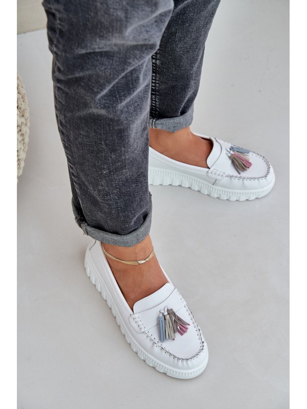 Leather Women's Moccasins With Fringes On Platform And Wedge White Eleazetta