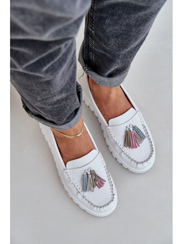 Leather Women's Moccasins With Fringes On Platform And Wedge White Eleazetta