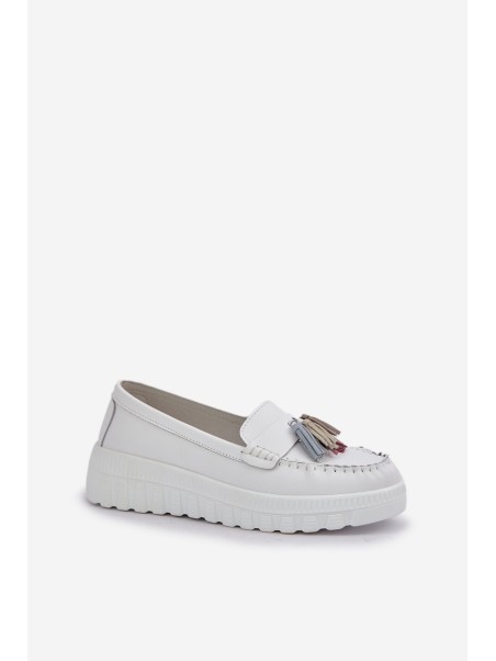 Leather Women's Moccasins With Fringes On Platform And Wedge White Eleazetta