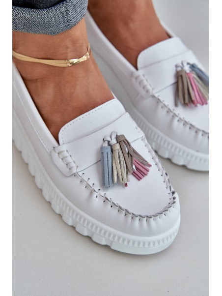 Leather Women's Moccasins With Fringes On Platform And Wedge White Eleazetta