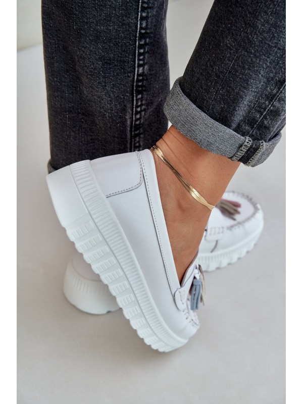 Leather Women's Moccasins With Fringes On Platform And Wedge White Eleazetta