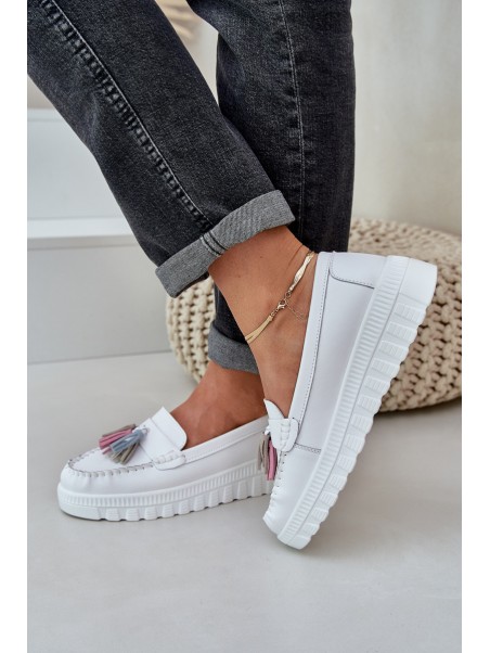 Leather Women's Moccasins With Fringes On Platform And Wedge White Eleazetta
