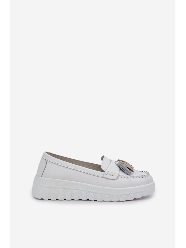 Leather Women's Moccasins With Fringes On Platform And Wedge White Eleazetta
