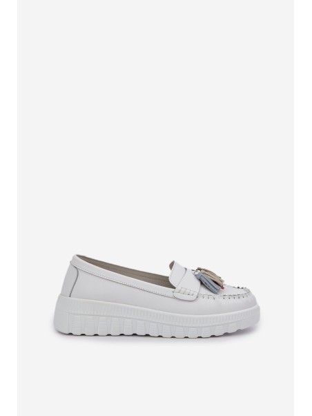 Leather Women's Moccasins With Fringes On Platform And Wedge White Eleazetta
