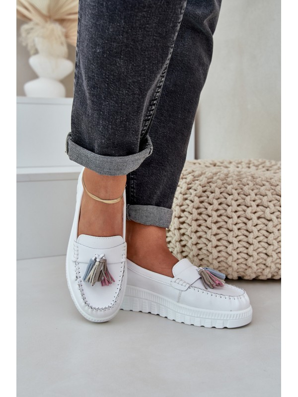 Leather Women's Moccasins With Fringes On Platform And Wedge White Eleazetta
